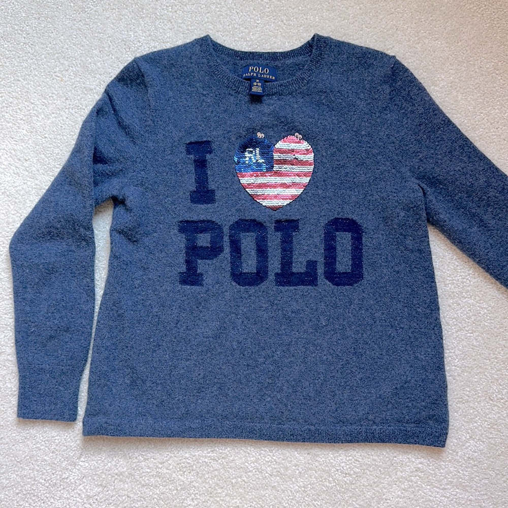 Polo Ralph Lauren, girls, size M, 8–10 wool blend sweater in blue.